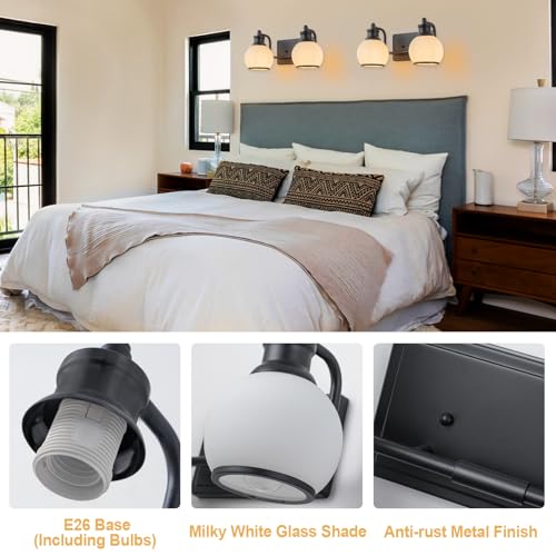 Image of 2 Light Modern Bathroom Light Fixtures Over Mirror (LED Bulbs Included), Black Vanity Lights for Bathroom Wall Sconces with Milky White Globe Glass Shades