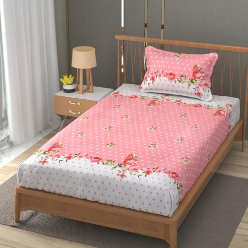 Image of Premium Heavy Cotton Elastic Fitted Bedsheets with 1 King Size Pillow Covers | Single Bed with All Around Elastic 350 TC | 36 x 78 x 6 Inch Single Size Fitted | - Pink Dot