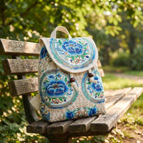 Image of Jursccu Embroidered Backpack Purse for Women Small Canvas Vintage Daypack