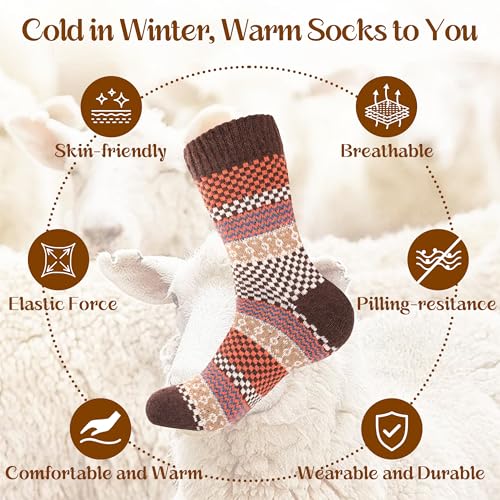 Image of LOCONHA Womens Wool Socks 5 Pairs Winter Warm Sock Thick Knit Cabin Cozy Crew Soft Socks Gifts for Women