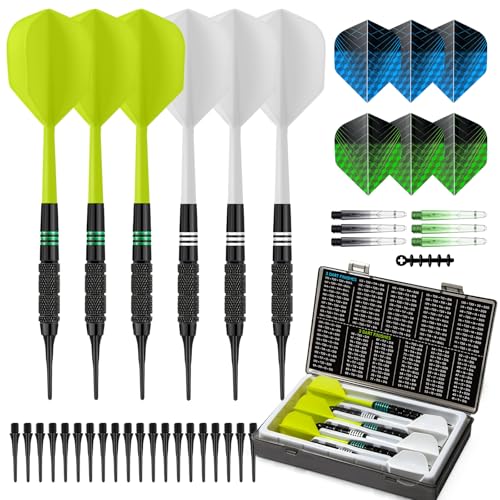 HUANQU 6 Pack Soft Tip Darts Set 16g- Integrated dart Flights 2BA Thread Plastic Tip Darts with Case 20 dart Points 6Extra Shafts & Flights Storage Box Included Electronic DartBoard Compatible