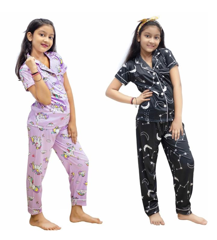 Meera Enterprise Kids Girls Sleepwear | Night Suit | Night Wear | Top & Pajama Set Half Sleeve for Girls with Buttons (Pack of 2)