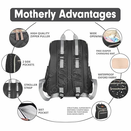 Image of Motherly Diaper Quilted Diaper Bag for Mothers for Travel with Changing Mat - Spacious Diaper Bags for Mom | Baby Bag with Multi-Pocket Design | Maternity Bags for Mother and Baby (Black)