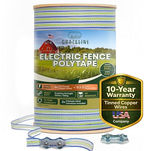 Electric Fence Polytape 1640ft - High Visibility 3/4 Livestock Fence Tape with 6 Tinned Copper Wire 0.2 Ohm Low Resistance 330lb Strength - Safe Horse & Goat Fencing UV Resistant 10-Year Warranty
