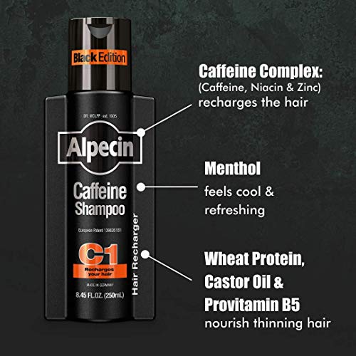 Alpecin Caffeine Shampoo C1 Black Edition, Men's Natural Hair Growth Shampoo For Thinning Hair With Niacin, Menthol, And Castor Oil, 8.45 Fl. Oz. #TOP2