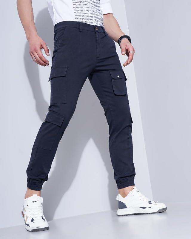 Image of British Club 98% Cotton, 2% Elastane Slim Fit Cargo Jogger Pants | Flat-Front Design | Adjustable Waistband | Multiple Pockets | Lightweight Fabric | Modern Style | Comfortable | Durable Black