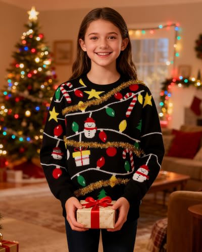 Image of Lovekider 7-14Y Girls Ugly Christmas Sweater Tinsel Garland Knit Pullovers