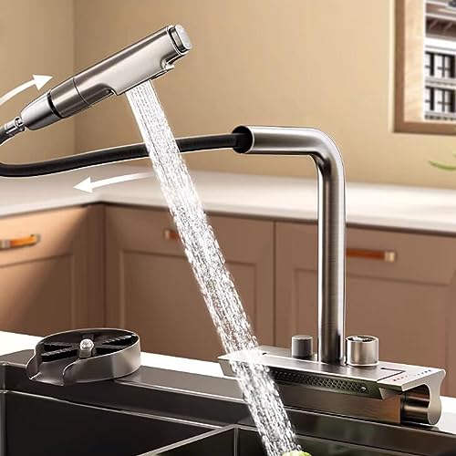 Robinet cuisine extensible gris anti-brûlure à affichage numérique