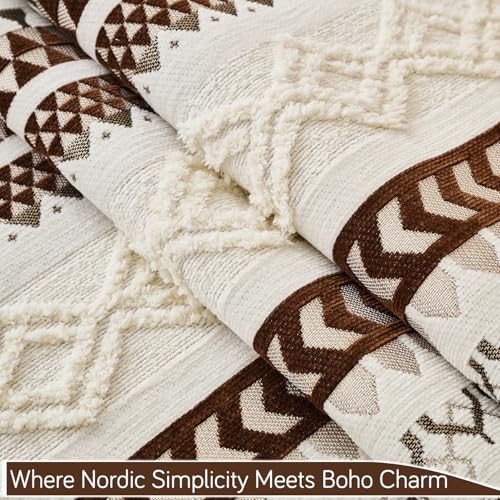 Image of HOKIPO Nordic Boho Geometric Sofa Armrest Cover with Tassel (2 Pc) 'NordicTassel Series' Arm Cover, Chocolate Brown (AR-6550-BRN*2)