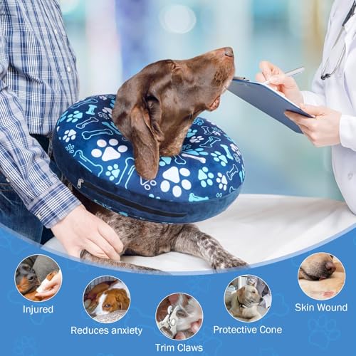 Image of SCENEREAL Dog Cone Alternative After Surgery Donut Collar, Soft Pet Recovery Pillow Collar for Medium Large Dogs, Inflatable Adjustable Neck Collars to Prevent Licking, Bone and Paw Print E-Collars
