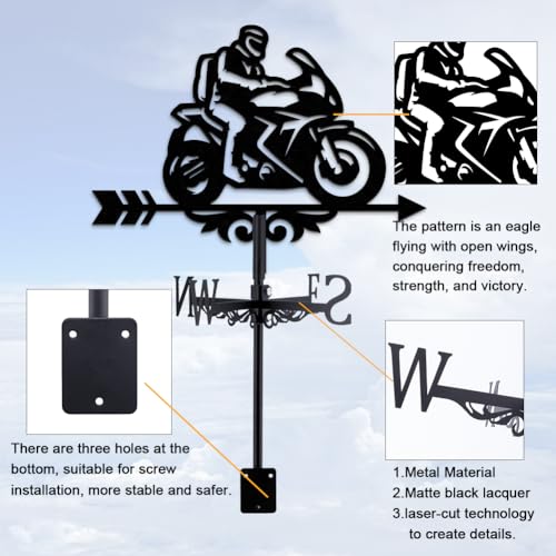INFUNLY Motorcycle Weather Vane - Black Metal Wind Direction Indicator - 13.78"x10.63" - Weather Resistant - Image 3