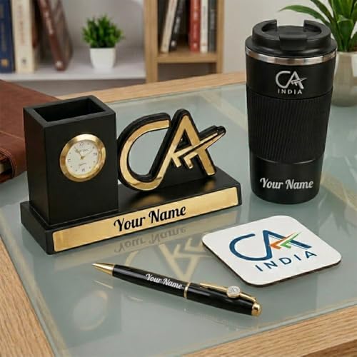 Image of Giftana 2 in 1 Personalized Desk Table Organizer with Pen Gift Set for Doctors, Customized Pen Stand Table Clock & Calendar, Customised New Year Corporate Gift Set for Employee (4 in 1 CA Symbol)