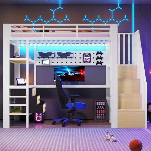 staronce Cama alta de 90 x 200 cm, color blanco con enchufe y LED, cama de metal con mesa, pared perforada y cajones, ahorra espacio, cama juvenil con espacio de almacenamiento, cama alta con zona de