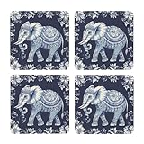 Juego de 4 posavasos cuadrados de corcho, diseño de elefante de cachemira, base de corcho antideslizante para bebidas frías y calientes