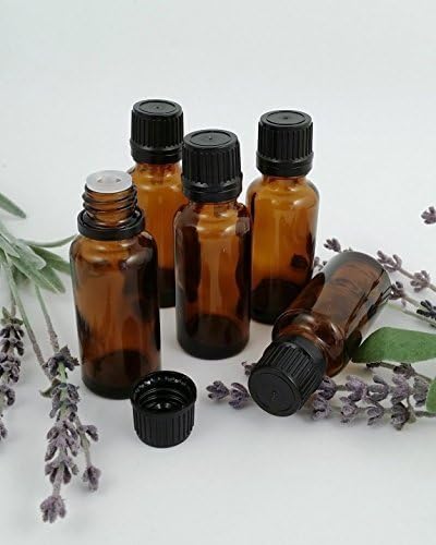 Pack of 5 x 25ml Amber Glass Aromatherapy Bottle with Tamper Evident Black Cap