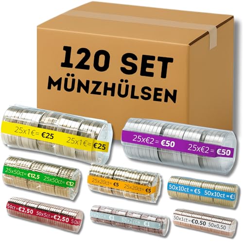 AF 120 Münzhülsen mannigfach | 15 Münzrollen für 2 euro 1 euro 50cent 20cent 10cent 5 2 und 1 cent 15 Münzrollen Kunststoff x 8 Münzen (120 Mix Blister)