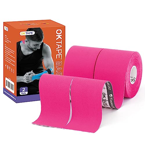 Ok Tape Basic Original Cotton Kinesiology Tape (2 Pack), Elastic Water Resistant Therapeutic Athletic Tape, Latex Free, Pain Relief, Injury Recovery, Uncut K Tape 2In×16.4Ft - Pink #TOP9