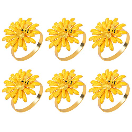 SUQ I OME Daisy Flower Napkin Rings Holders for Halloween, Thanksgiving, Christmas, Dinner Parties, Dinning Table Decoration Handmade Metal Napkin Holder (Set of 6,Yellow Sunflower)