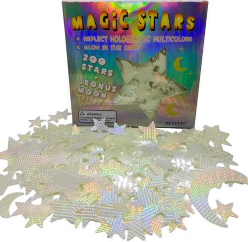 WEINAHY 3D Magic Stars - Display Holographic Colors Under Light Source and Glow in The Dark After Absorb Light Source Glow in The Dark Stars for Ceiling Wall Stickers Decal