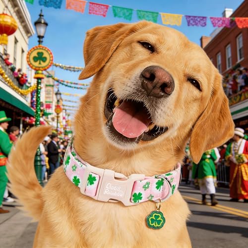 Image of St Patrick's Pink Four-Leaf Clover Dog Collar for Large Dogs | Daily Walks,Irish Parade,Spring Picnic Hiking,Adjustable,Soft Cotton Fabric,Quick Release Plastic Buckle,Pendant,Female Dog