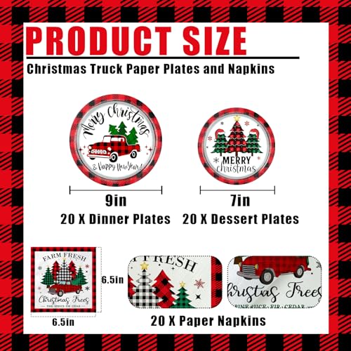 GREHUMOR 60Pcs Truck Christmas Plates and Napkins Red Truck Xmas Party Supplies Buffalo Plaid Xmas Paper Plates Napkins for Merry Christmas Party Supplies Serve 20 – Image 5