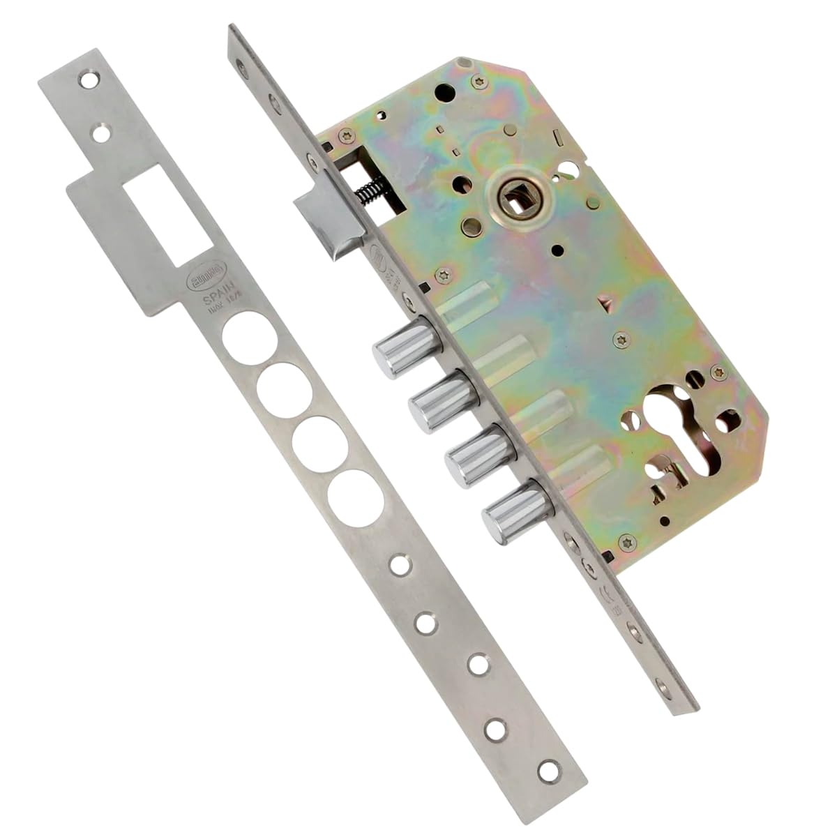 Amig - Serratura | Serratura da infilare con catenacci per porte | Acciaio | 50/85mm | Acciaio inox opaco | Senza cilindro e protezione di sicurezza | Chiusura reversibile