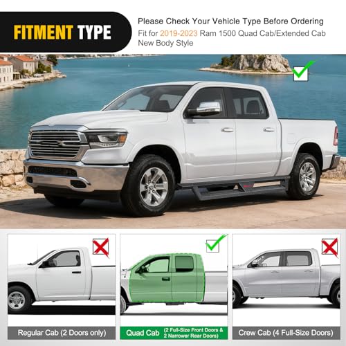 Image of Nilight Running Boards for 2019 2020 2021 2022 2023 2024 2025 2026 Ram 1500 Quad Cab /Extended Cab New Body Style Dual-Stage Textured Black Powder Coated Slip-Proof Side Step Nerf Bars