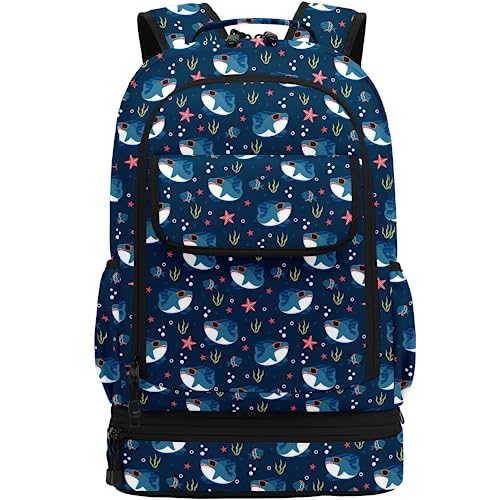 Image of Leaper Water-resistant Cute Shark Laptop Backpack Double Deck Lunch Bag Satchel Dark Blue