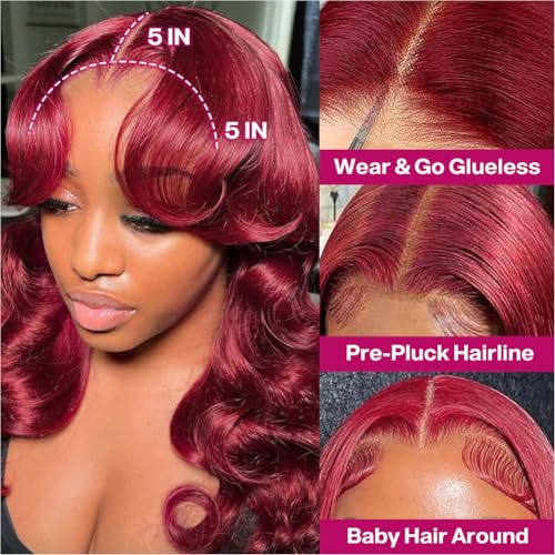 Ailwelia 99j Burgundy Wear And Go Glueless Body Wave 5x5 Bob Wig Human Hair 200% Density 5x5 Hd Lace Closure Wigs Glueless Bob Wigs For Black Women Burgundy Human Hair Wig 14 Inch