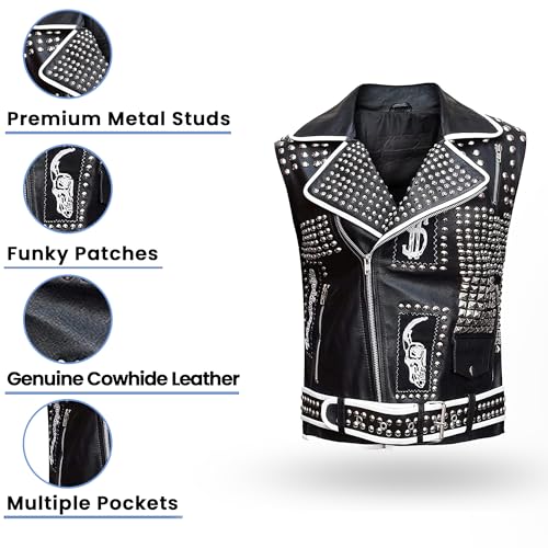 Mens Rock Punk Studded Spikes Vest Black Genuine Cowhide Leather Motorcycle Brando Biker Vest2