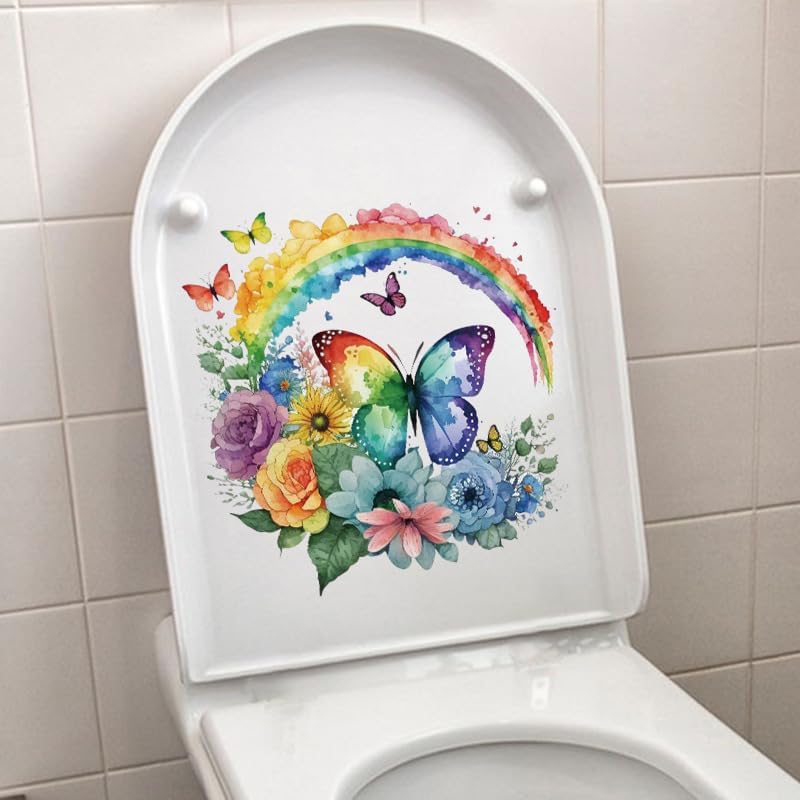 Rainbow Butterfly Flower Leaves Toilet Cover Sticker Decals,Spring Flower Leaf Waterproof Toilet Lid Tank Seat Decals Cistern Self-Adhesive Bathroom Wall Sticker