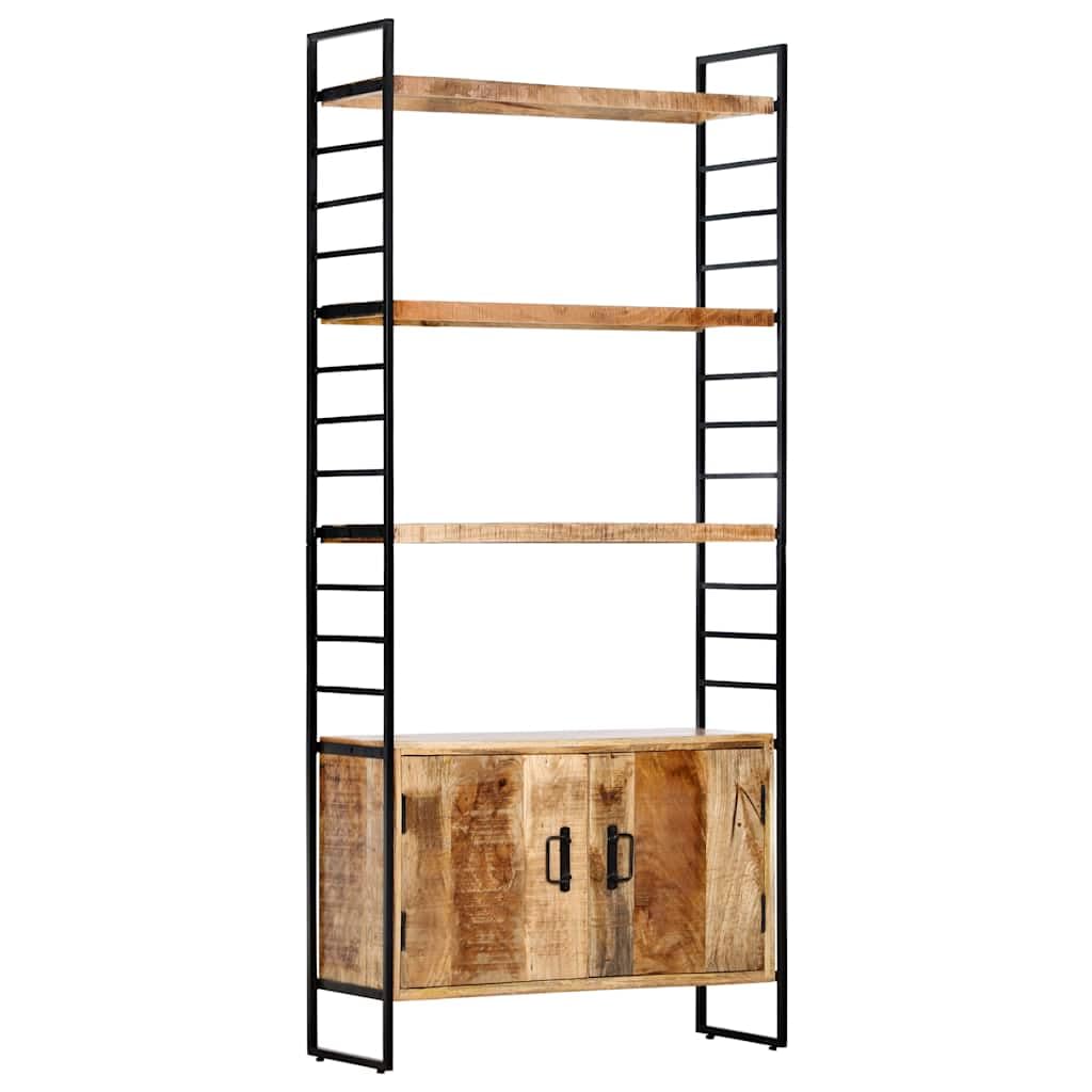 Libreria a 4 ripiani, 80 x 30 x 180 cm, in legno di mango grezzo, con telaio in ferro verniciato a polvere, 2 ante, 3 ripiani, salvaspazio, robusta, per soggiorno, ufficio, studio
