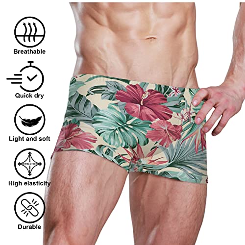 Square Leg Swim Brief Exotic Tropical Flowers Hibiscus and Palm Leaf Athletic Quick Dry Bathing Suit for Men 3XL2