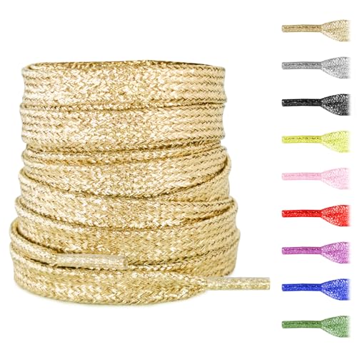 NDTEZUGT Flat Metallic Glitter Shoe Laces for Sneaker 5/16(8mm) Sparkly Colorful Bling Sparkle Shoelaces Replacement Strings (Golden 47/120cm)