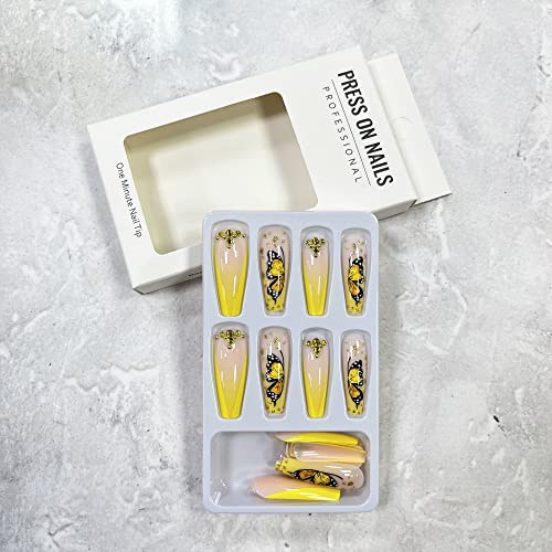 French Tip Press On Nails Long Coffin Fake Nails With Rhinestones Designs Yellow Butterfly Glue On Nails Glossy Press On False Nails Spring Holiday Nail Art Decorations For Women And Girls #TOP4