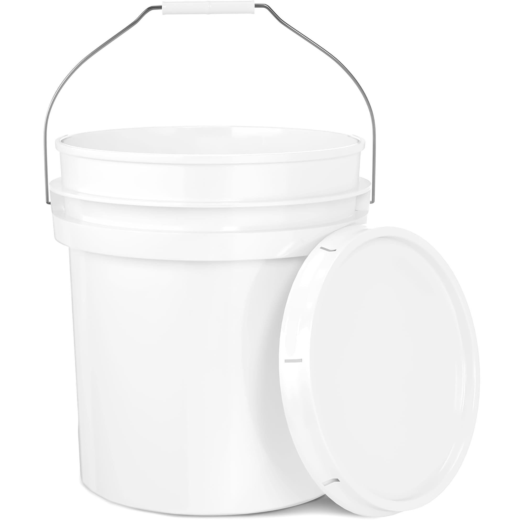 5-Gallon White Bucket Pail Container with Lid | Food Grade | Heavy-Duty Approx 90 MIL Extra Durable | Metal Handles with Plastic Grip | Multi-Use | Easy Stack and Store | BPA Free - 1 Pack