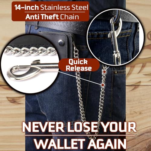 Image of Milwaukee Leather MLW7889 Men's 7.5 inch Black Premium Leather Soft Biker Wallet - Bi-Fold Anti-Theft Stainless Steel Chain