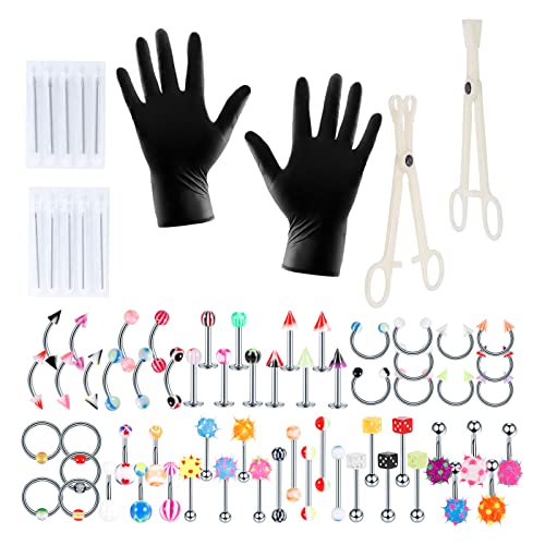 Xpircn 80PCS Piercing Jewelry Needle Kit Stainless Steel Acrylic 14G 16G Piercing Kits Nose Rings Hoop Ear Tragus Tongue Labret Eyebrow Barbells Belly Button Rings Random Color Body Piercing Jewelry