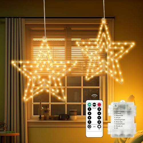 Bigzom Set di 2 luci a forma di stella di Natale, con 75 LED 30CM, girevoli, con funzione timer, per interni ed esterni, per Natale, feste, decorazioni, matrimoni, colore caldo