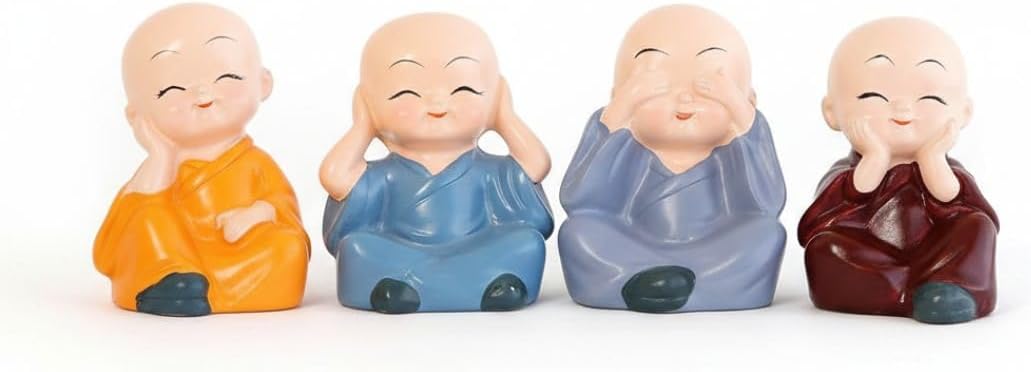 Mini Resin Buddha Monk Figurines | 4-Piece Multicolour Set | Cute Small Buddha Statues for Car Dashboard, Tabletop, Home Décor, Meditation & Spiritual Display (Set of 4)