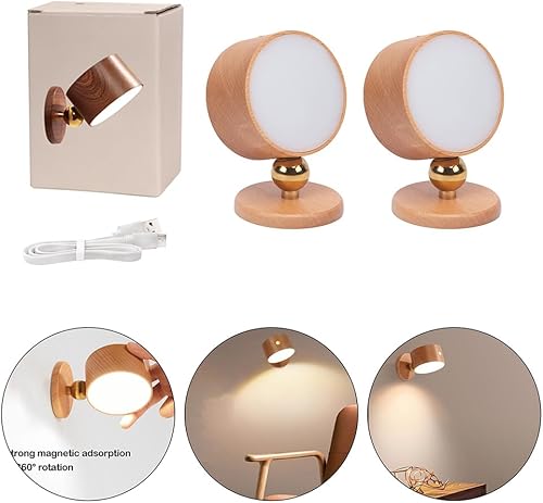 Miniatura 4 de Par de luces magnéticas de pared de noche, lámpara de lectura de noche, rotación de 360, carga USB (marrón claro)