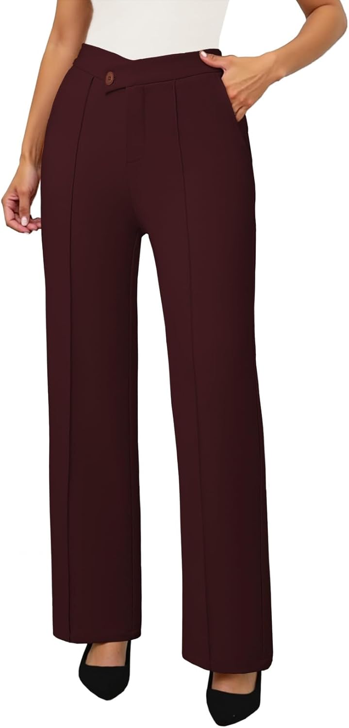 Pink Queen Womens Crossover Dressy Pants Business Casual Work Pants High Waist Pull On Trousers Office Slack