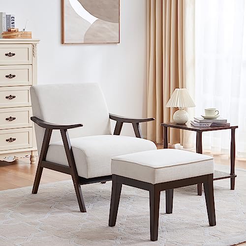 Batohom Solid Wooden Armchair With Ottoman,Mid Century Modern Chair And Footrest,Upholstered Club Chair And Ottoman Set,Comfy Reading Tufted Accent Chair For Bedroom,Side Living Room Chair (Beige) #TOP1