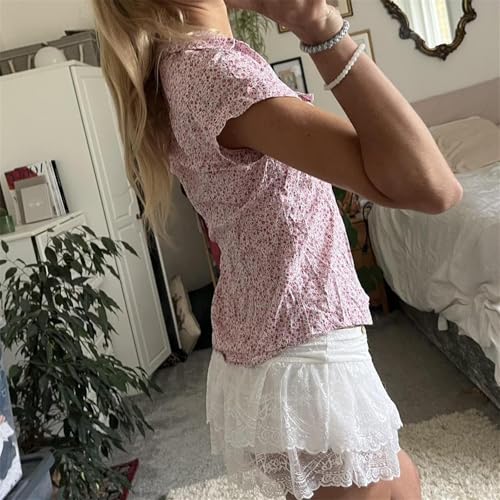 Image of Y2k Girls Vintage Coquette Button Down Shirt Women Short Sleeve V-Neck Slim Fitted T-Shirt Cute Blouse Crop Top