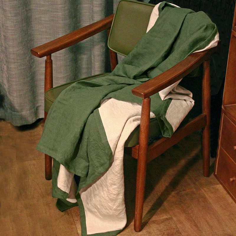 S VICTORY SYMBOL 100% Pure Linen Throw Blanket Double-Splicing Lightweight Soft Bed Blanket fit Couch Sofa for All Season(50"x70" Dark Green/White)