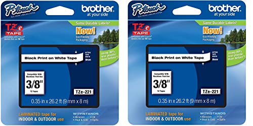 Brother Genuine P-Touch 2-Pack TZe-221 Laminated Tape Black Print on White Standard Adhesive Laminated Tape for P-Touch Label Makers