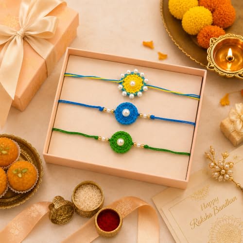 Image of Handmade Crochet Rakhi Set of 3 with Pearl Design for Boys & Kids