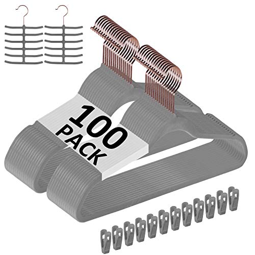 VECELO Premium Velvet Clothes Hangers Suit Heavy Duty (100 Pack)-Non Slip & Space-Saving with 12 Finger Clips & 2 Tie Rack Excellent for Men and Women,Gray