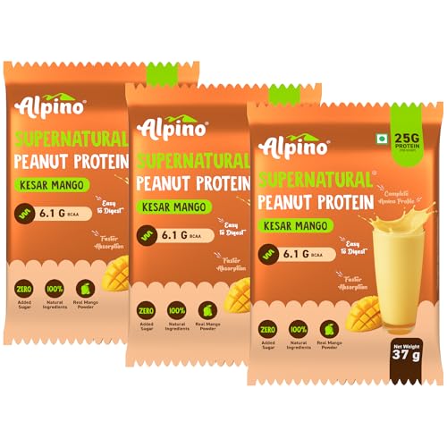Image of Alpino Supernatural Peanut Protein Powder Kesar Mango 111g (37g x Pack of 3) - 25g Plant Based Protein, 6.1g BCAAs, No Added Sugar, Vegan