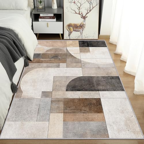 Tapis moderne géométrique marron et gris 170x250cm lavable vintage - 3